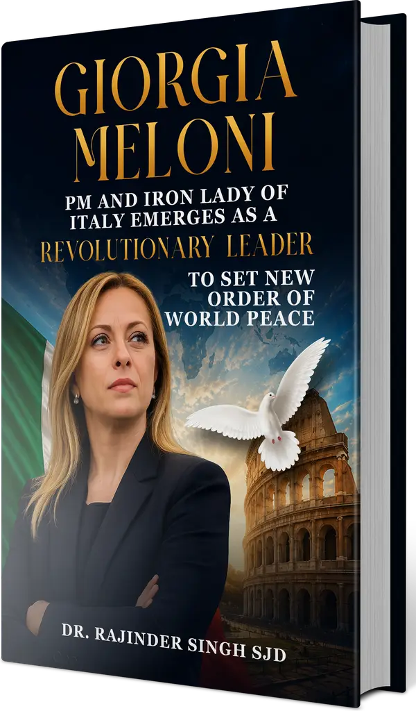 Giorgia Meloni by Dr. Rajinder Singh SJD, shown as a hardcover book