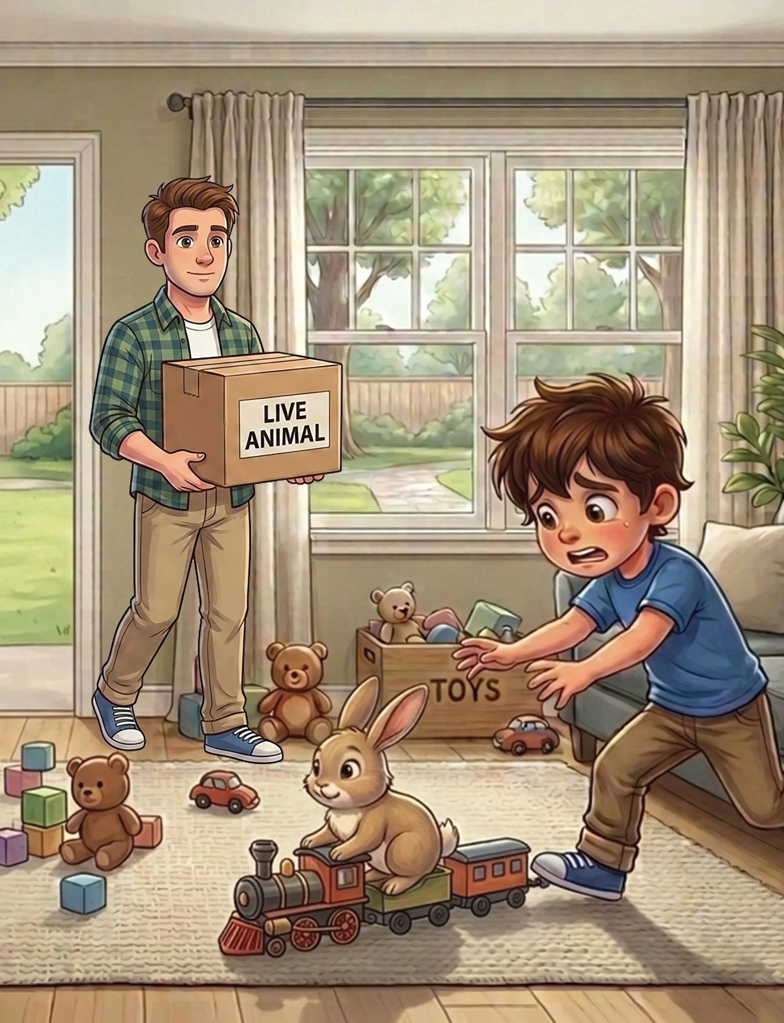 Children’s book illustration: a boy reaches towards a rabbit riding a toy train across a rug, while a man walks in carrying a box labelled Live Animal
