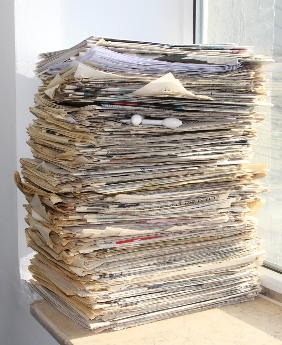 A tall stack of finished manuscript pages by a window