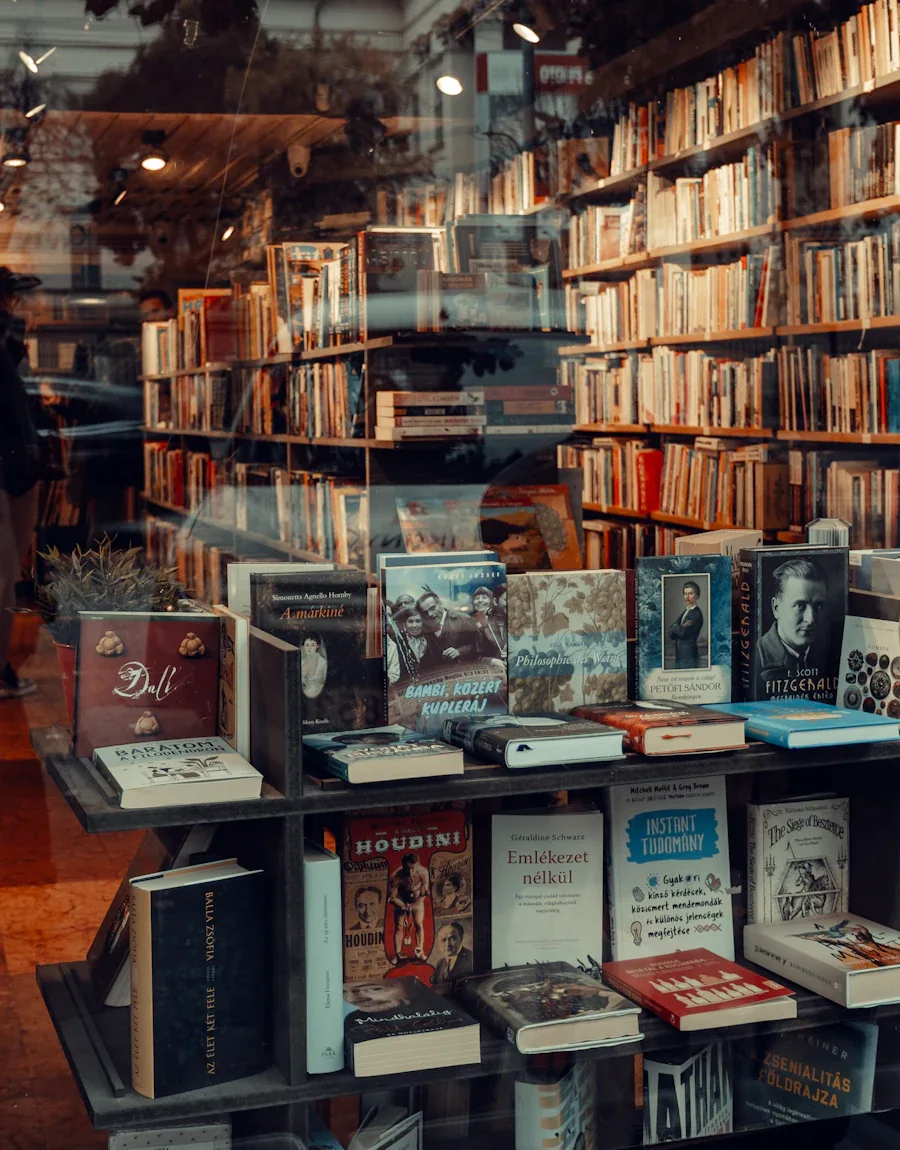 A passer-by looking through the window of a bookshop