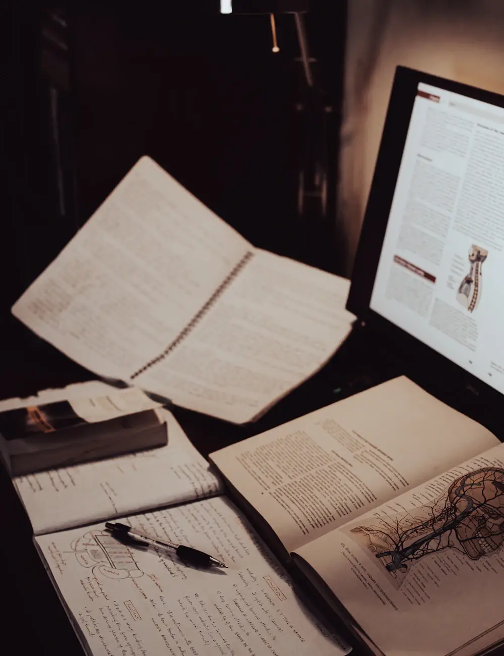 Loose manuscript pages spread across a writing desk