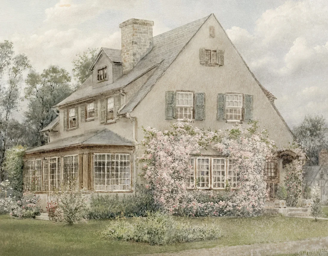 Watercolour illustration of a country house behind climbing roses