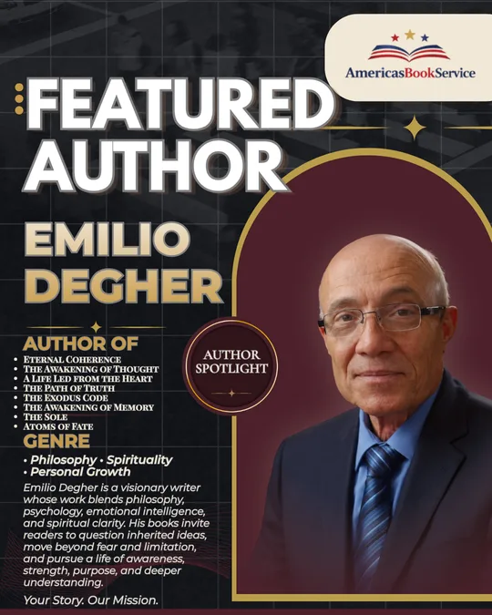Featured Author graphic for Emilio Degher by Americas Book Service, listing his books, genres and a short biography